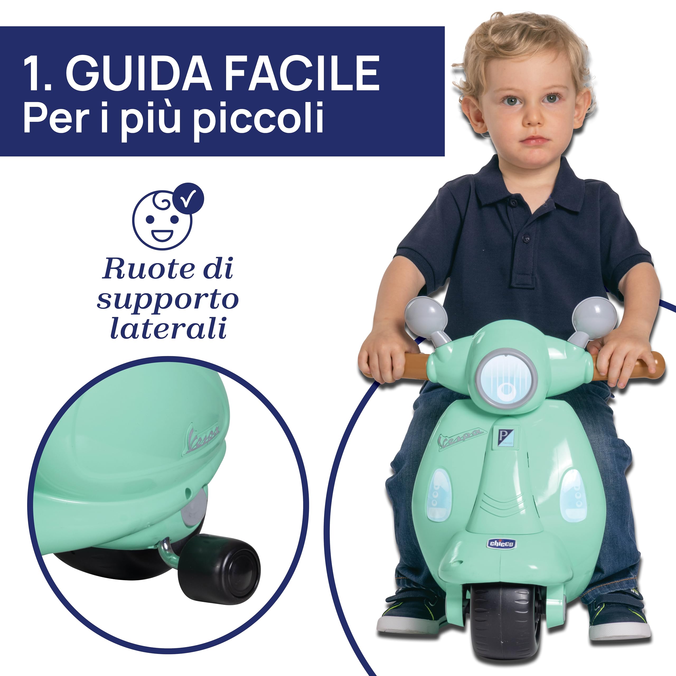 Chicco Vespa per Bambini Primavera, Moto Giocattolo Cavalcabile con Pannello Elettronico, Luci e Suoni, Ruote di Supporto Rimuovibili, Max 25 kg - Giochi per Bambini 1-3 Anni, Verde Acqua