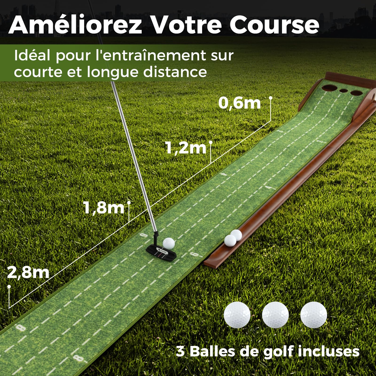 COSTWAY Tapis de Putting Entraînement Golf avec 1/2/3 Trous, Golf Putting Piste de Retour Automatique de Balle, pour Intérieur/Extérieur