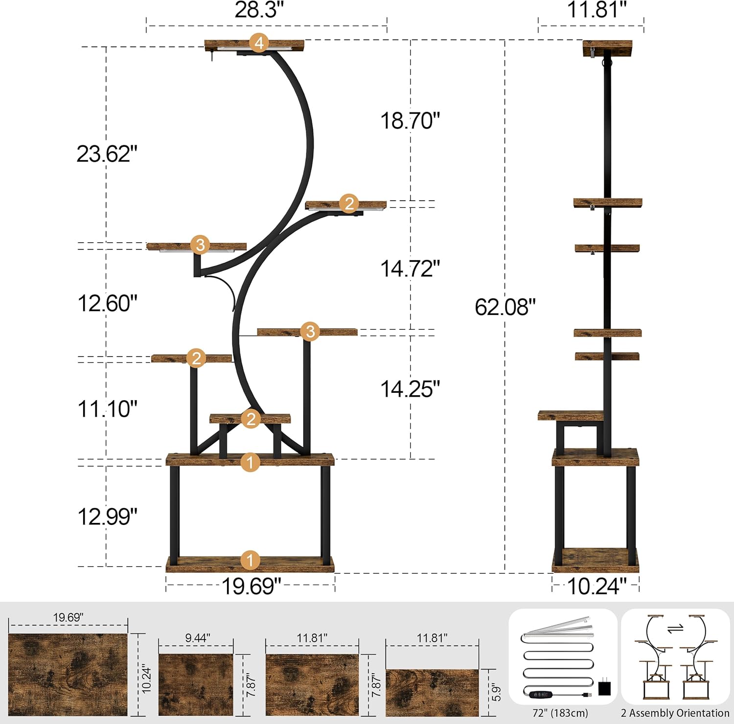 Diagrama que muestra las dimensiones y los distintos componentes del soporte para plantas, incluidos estantes y piezas del marco.