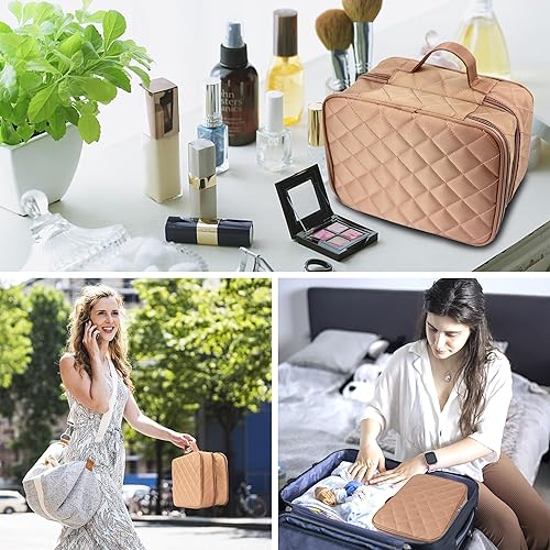 Miniatura 7 de weallbuy Bolsa de maquillaje de viaje para mujer, bolsa de maquillaje grande portátil con doble capa, bolsa de cosméticos con múltiples