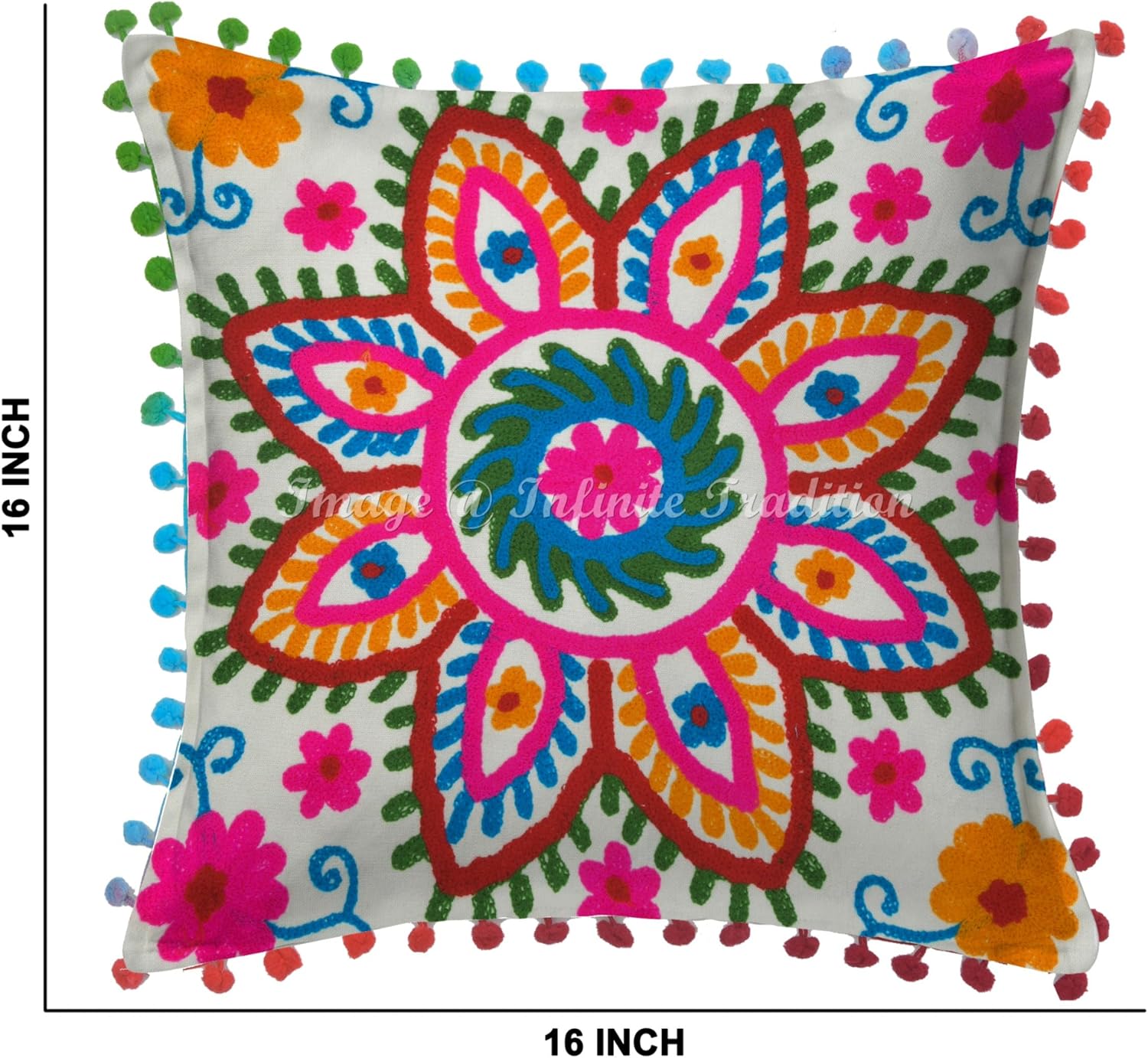 Suzani Embroidered Sofa Throw Pillow Covers 16x16 Ethnic White Stylish 40x40 cm with Pom Pom Lace Cotton Multi-Color Floral Square Cushion Cover Set of 4.