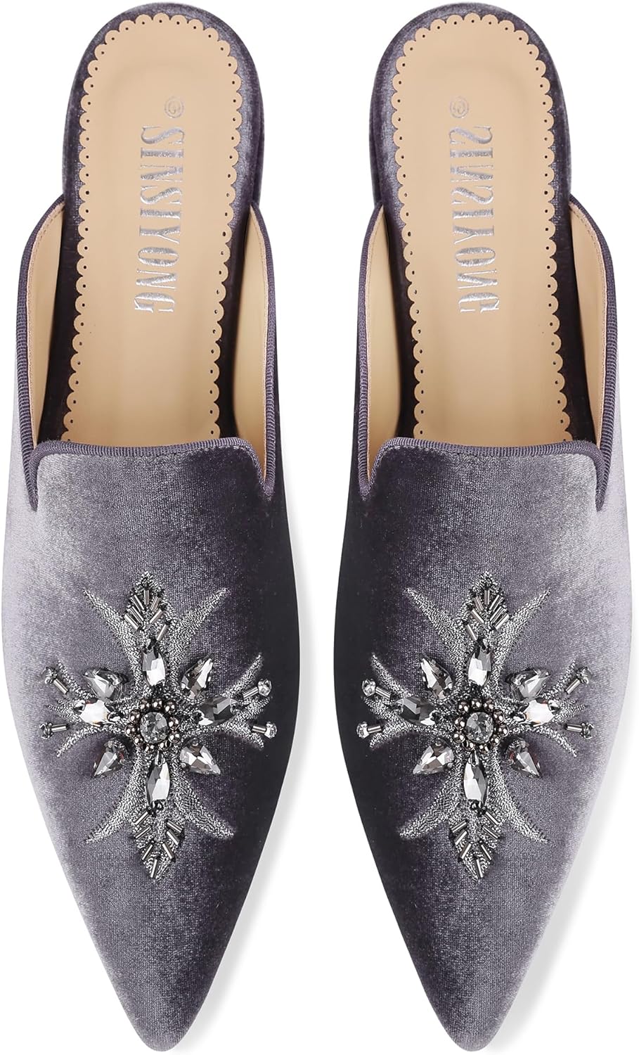Embroidered Mules for Women Pointed Toe Bejeweled Backless Velvet Flats Slides with Cruciate Flower Pattern