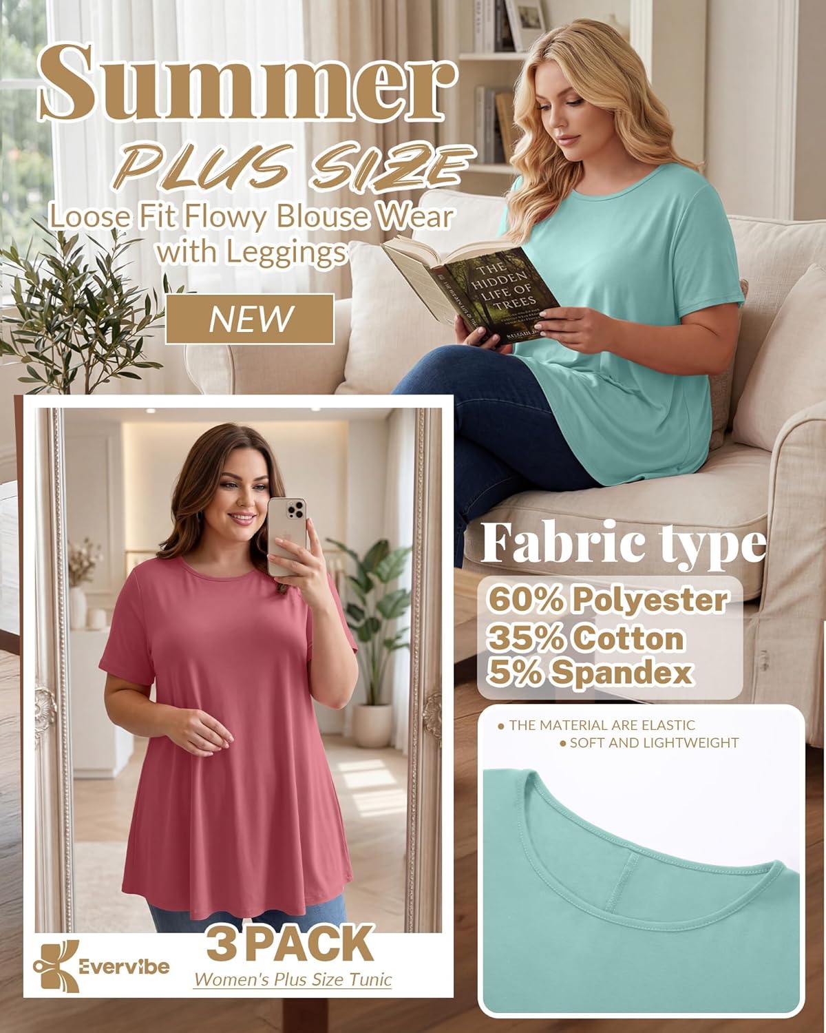 Evervibe 3 Pack Women's Plus Size Tunic Top Short Sleeve Long Shirts Summer Loose Fit Flowy Blouse Wear with Leggings