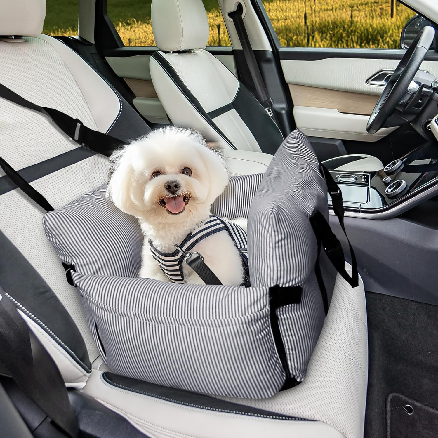 Siège Auto Sécurisé pour Petit Chien 6kg - Panier Voiture avec Ceinture, Base Anti-Glisse & Poches - Housse Amovible et Lavable