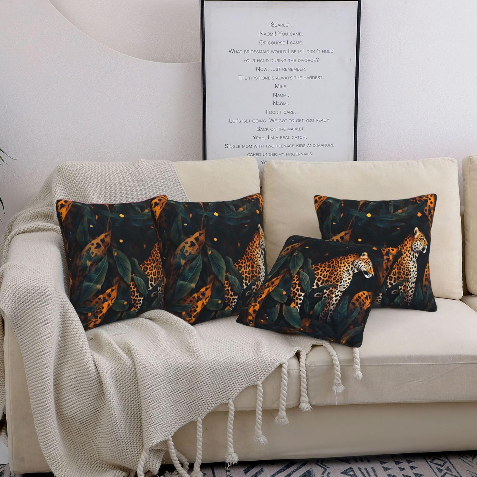 Housse de coussin 45x45 cm lot de 4 motifs léopard et feuilles pour salon