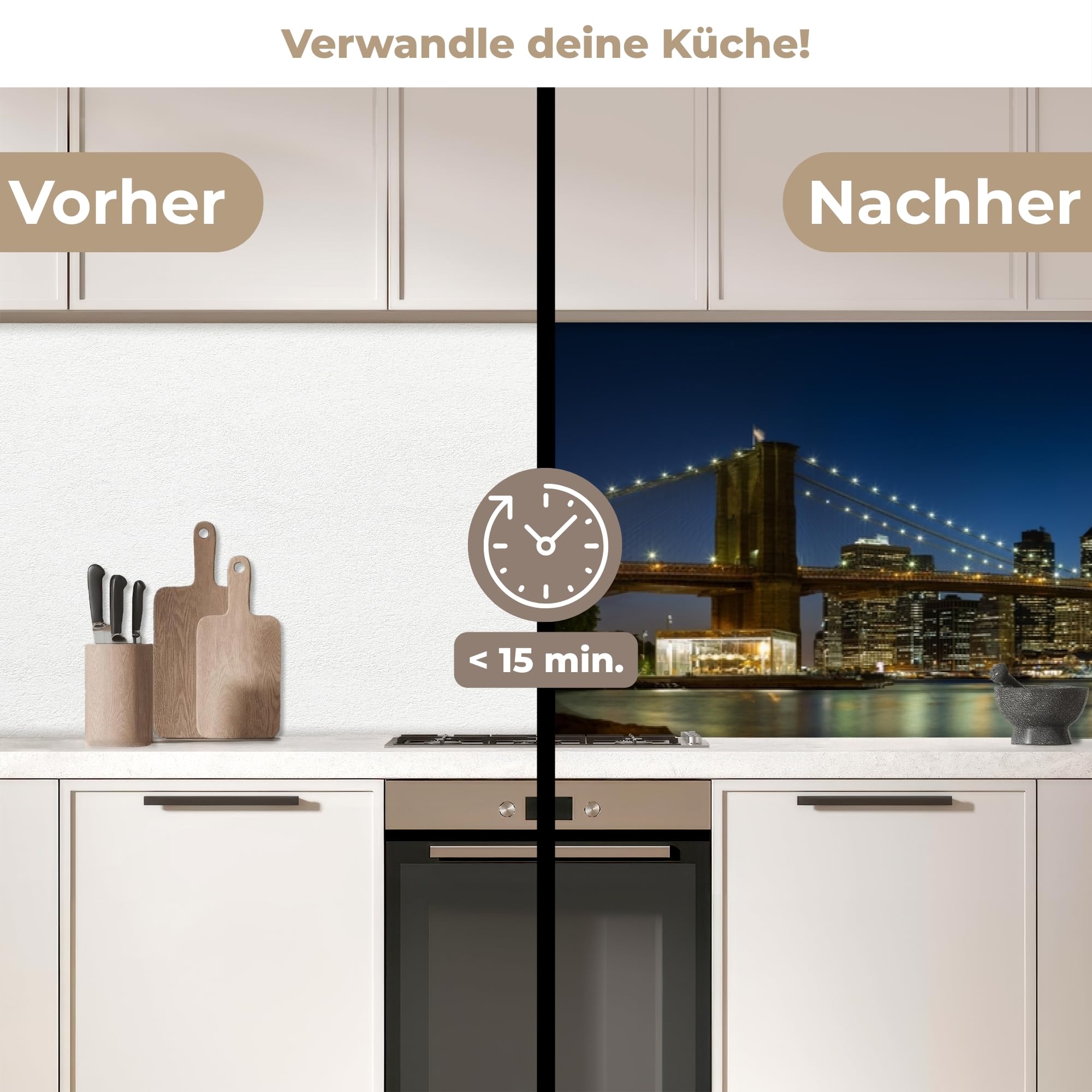 KitchenYeah© Spritzschutz Küchenrückwand 60x300 cm Selbstklebend Küche Rückwand Küchenwand Wand Küchenfront Verkleidung Küchenspritzschutz Stadtlichter - Abend - Skyline - Brücke