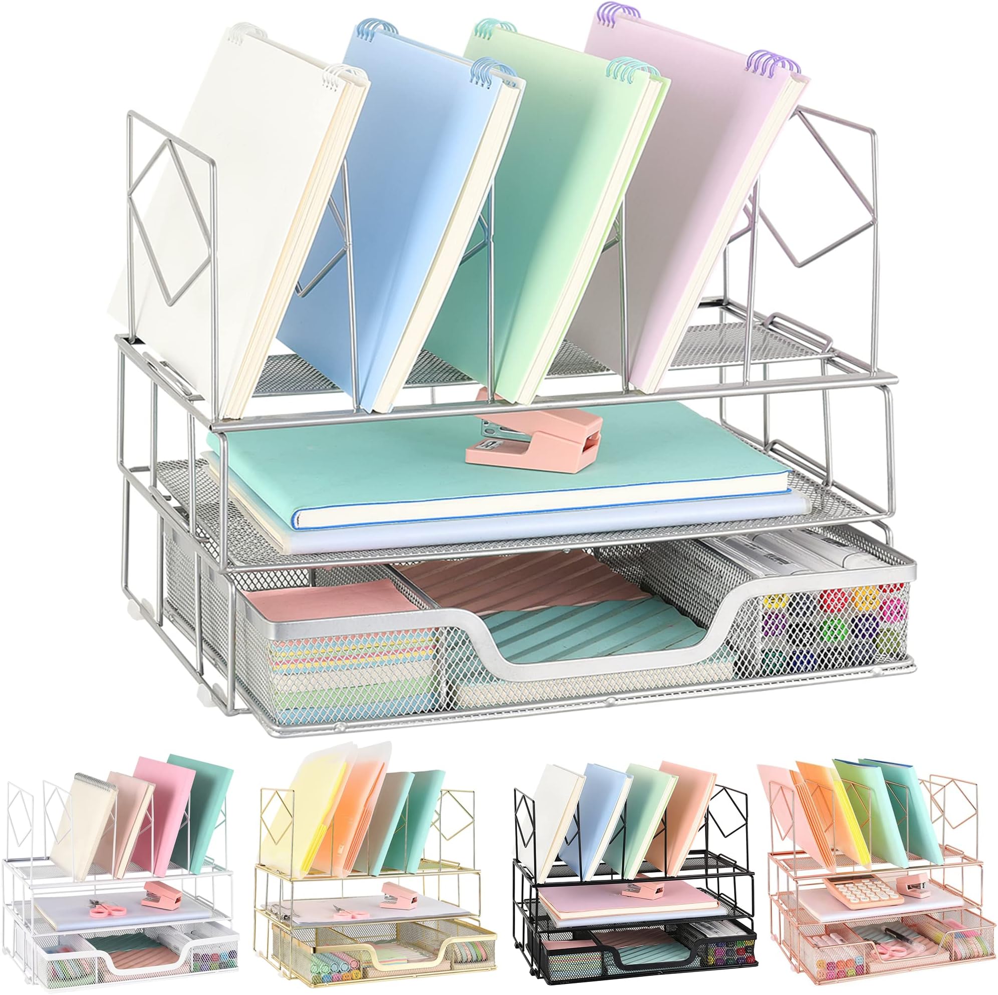 Youbetia Desk Organizers and Storage - Double Tray and 5 Upright Sections, Desk Accessories Office Supplies File Organizer for Desk, Silver Grey