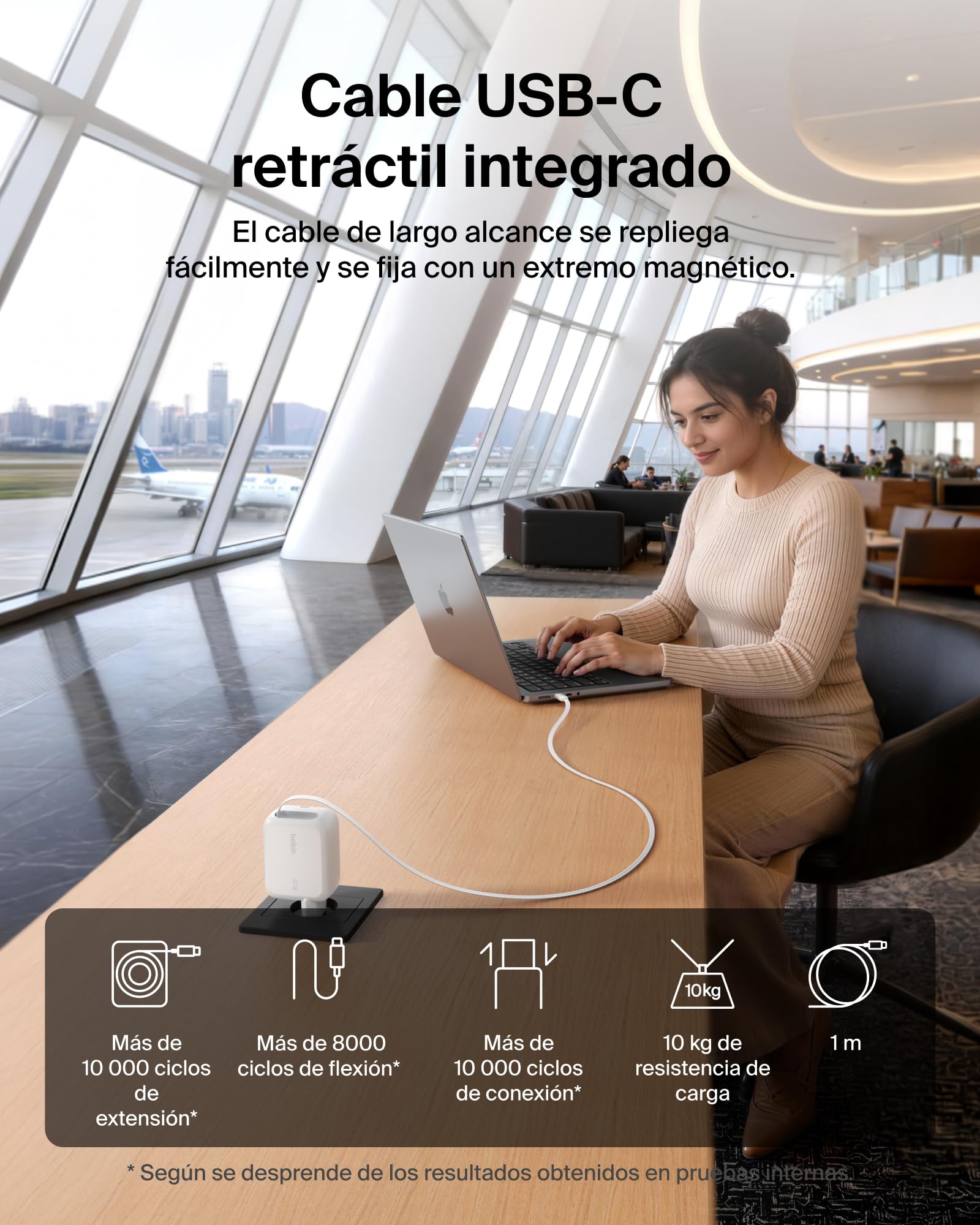 Belkin Cargador USB C con Cable USB C Retráctil y Puerto USB-C, Cargador Tipo C GAN, Carga Rápida para iPhone 17 y 16 Series, Galaxy S26 Series, AirPods, Tabletas, MacBook, Chromebook