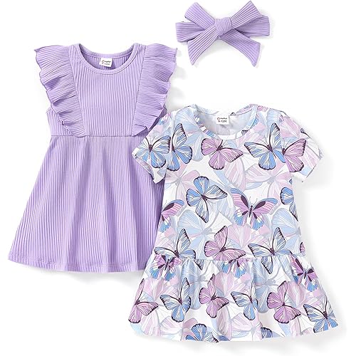 PATPAT Baby Toddler Girl Dresses Infant Ruffle & Short Sleeveless 2 Pack Summer Dress Casual Party Dress