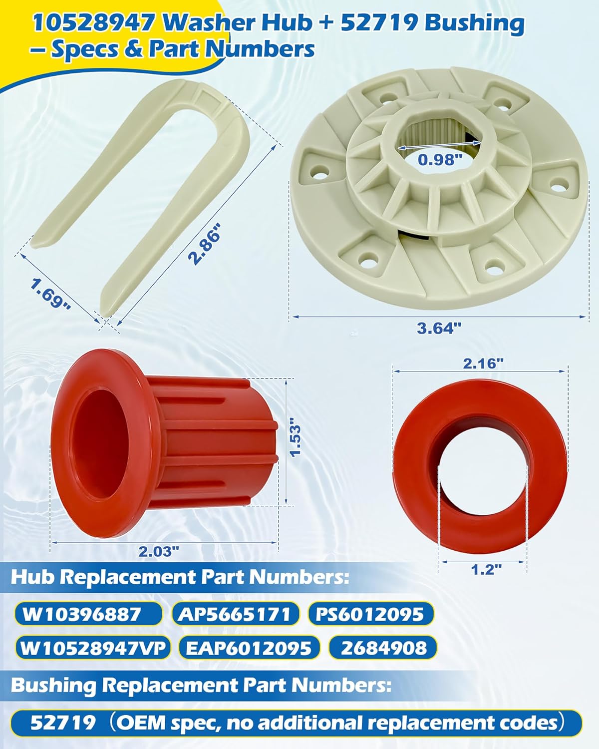 IWIWE W10396887 W10528947 Washer Basket Driven Hub Kit & 52719 Washing Machine Basket Bushing – Replaces AP5665171 PS6012095 W10528947VP, Fits Whirlpool, Maytag, Kenmore, VMW (Set)
