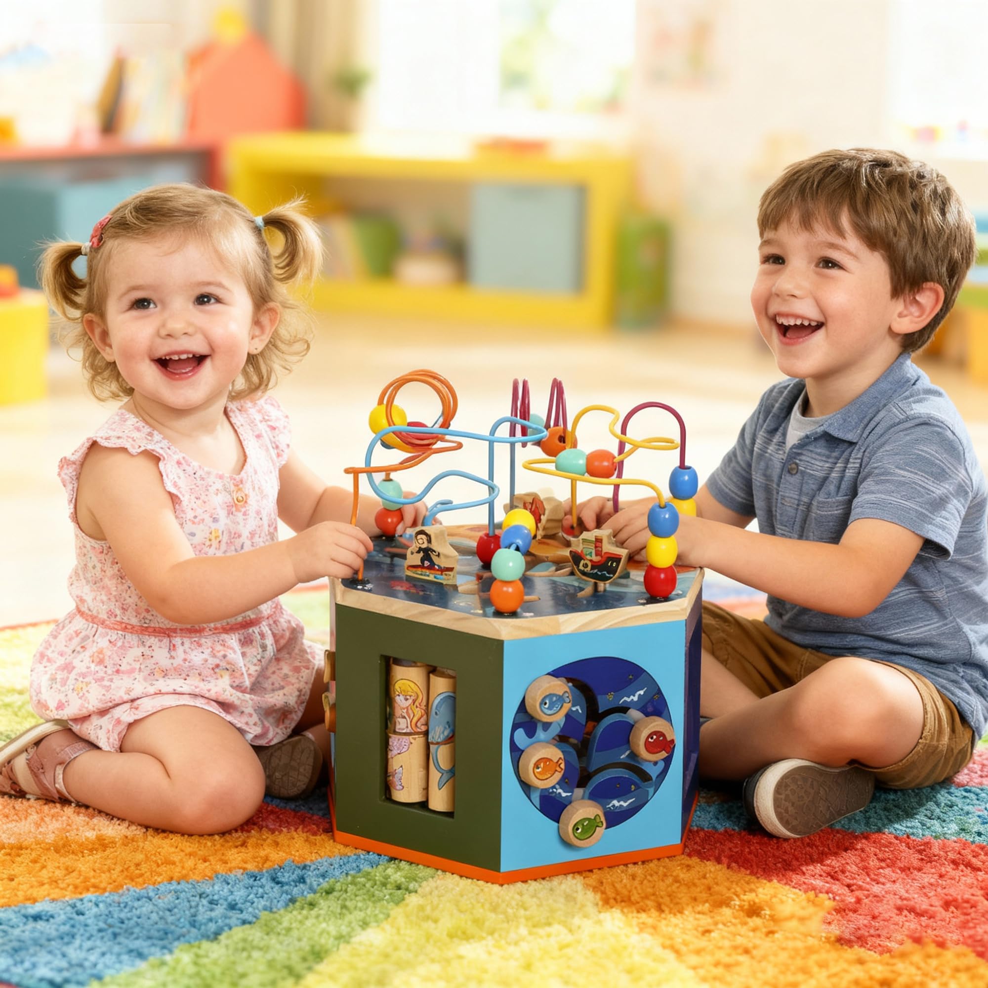 AIYAPLAY Wooden Activity Cube, Montessori Baby Toys with Bead Maze, Pattern Sorter, Early Educational Sensory Toys, Birthday Gift for Toddlers Boys and Girls 18+ Months
