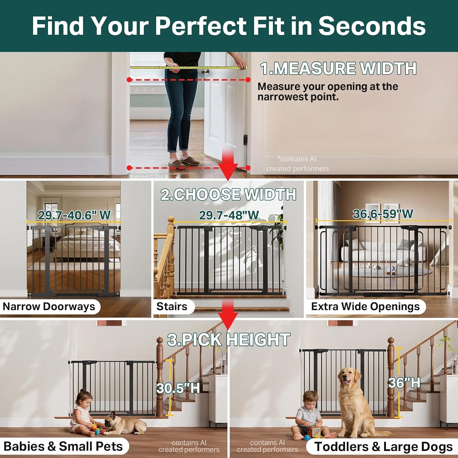 Cumbor 29.7-40.6 Baby Gate for Stairs, Mom's Choice Awards Winner-Dog Gate for Doorways, Pressure Mounted Auto-Close Pet Gates for Dogs Indoor, Safety Child Gate with Easy Walk Thru Door, Black