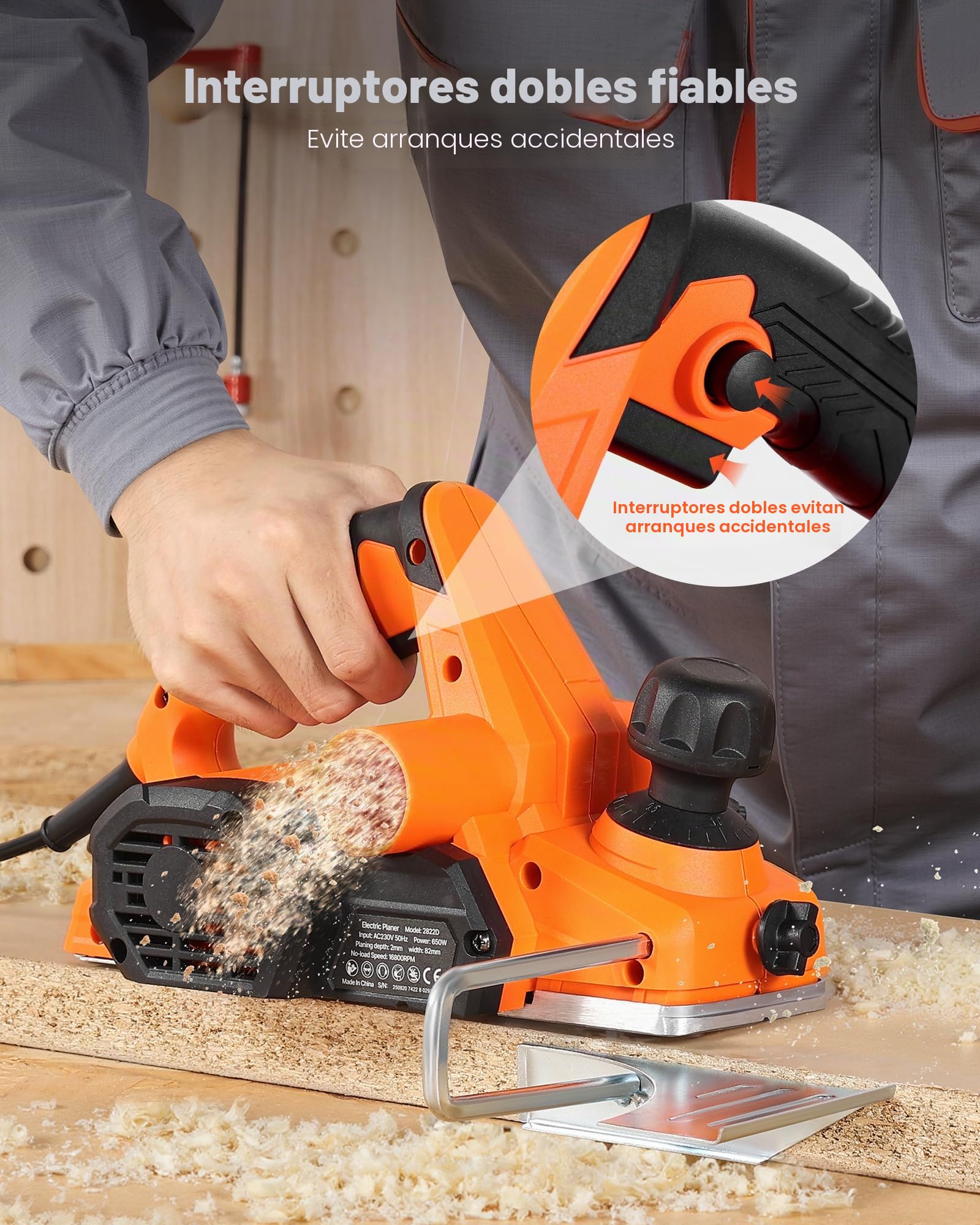 VEVOR Cepilladora Eléctrica con Cable Ancho de Corte de 82 mm, 650 W, 16800 RPM, Cepilladora de Madera, Profundidad de Corte Ajustable, Ideal para Carpintería, Biselado, Bricolaje, Acabado Liso