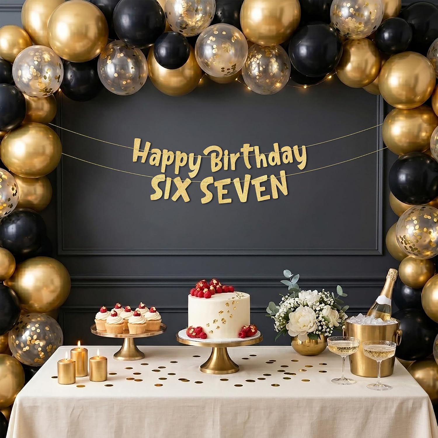 Pre-Strung Happy Birthday Six Seven Gold Glitter Banner - Funny Birthday Decorations for Kids Boys Girls Children - Party Supplies and Gifts