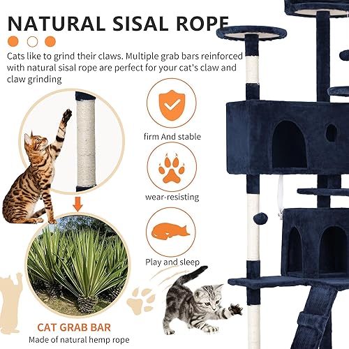 Miniatura 4 de Torre de árbol para gatos de 70 pulgadas, condominio de varios niveles con poste rascador, perca de felpa, bola colgante, resistente para gatos