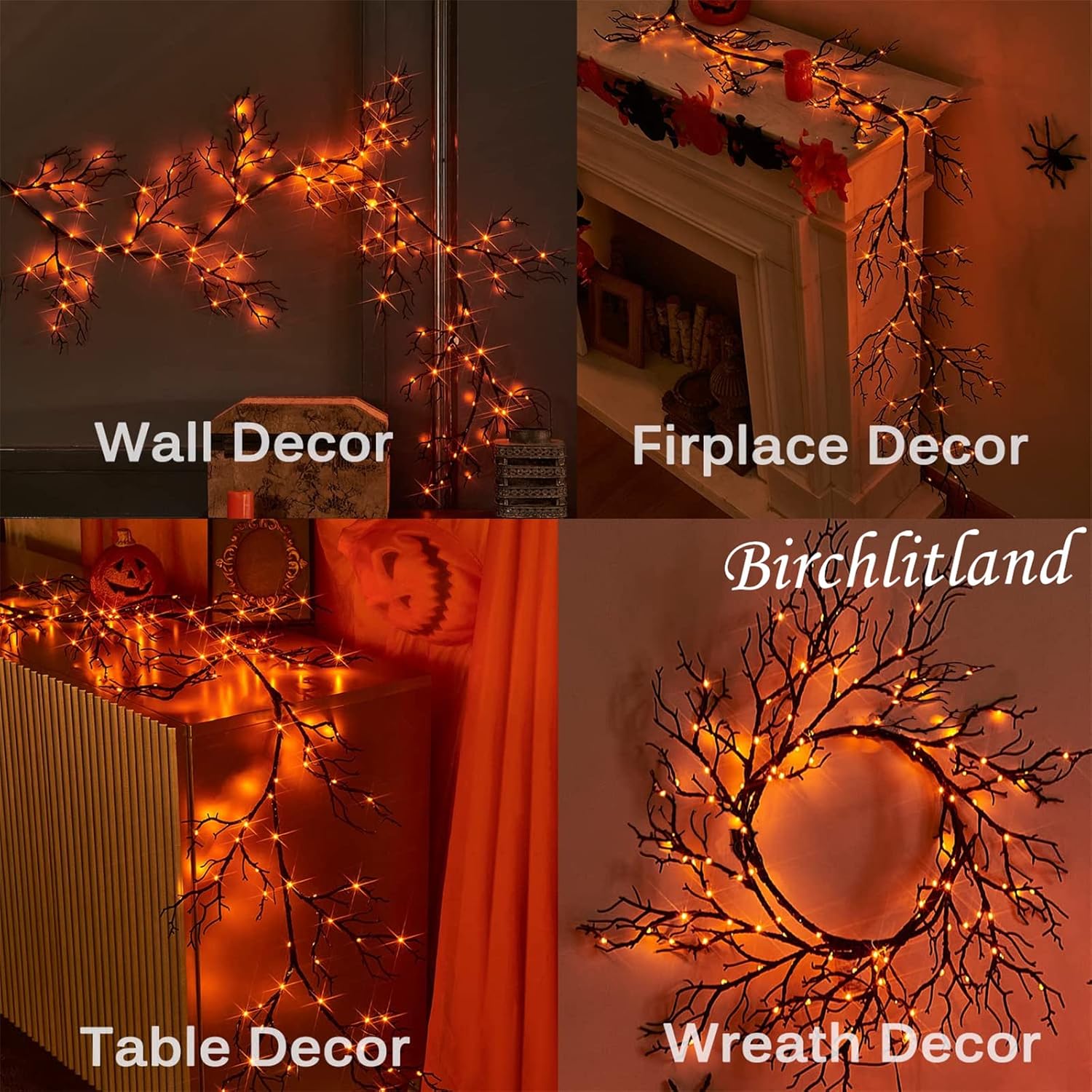 Birchlitland Halloween Lighted Garland 6FT 120L Orange and Purple Bi-Color LED Lights 8 Functions, Black Glittered Garland Lights Battery Operated for Indoor and Outdoor Halloween Party Decoration