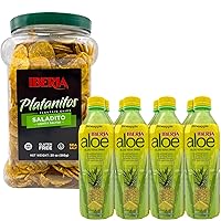 Vista 1 de Iberia Chips de plátano ligeramente salados, 20 onzas + bebida de jugo de aloe vera Iberia con pulpa de aloe pura y piña, 16.9 onzas líquidas