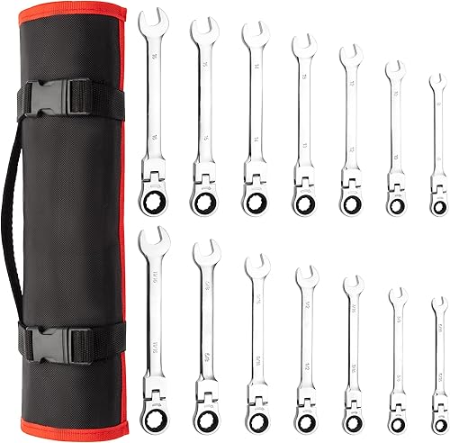 Miniatura 9 de PIONEERWORKS Juego de llaves de trinquete de cabeza flexible, juegos de llaves combinadas SAE y métricas, Craftsman herramientas de mecánica, 14