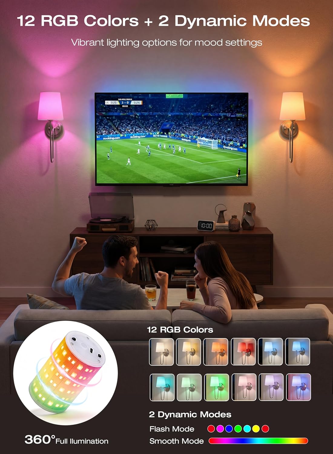 Sconces displaying 12 RGB colors and 2 dynamic modes