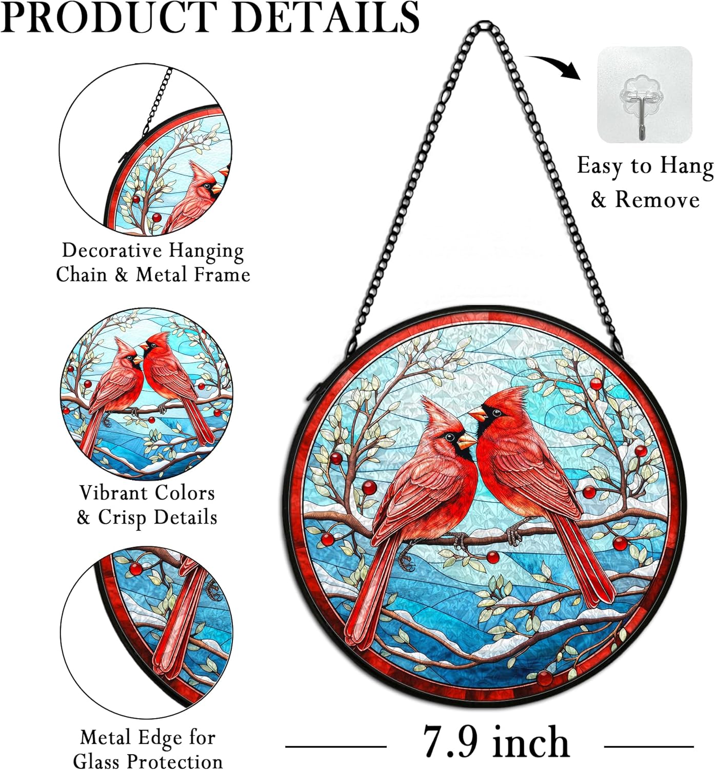 Cardinal Suncatcher Stained Glass Window Hanging Decor, Winter Christmas Cardinal Stained Glass Wall Decor, Christmas Bird Lawn Garden Sun Catchers Indoor Window Hanging Wall Art, 7.9x7.9In - Image 7