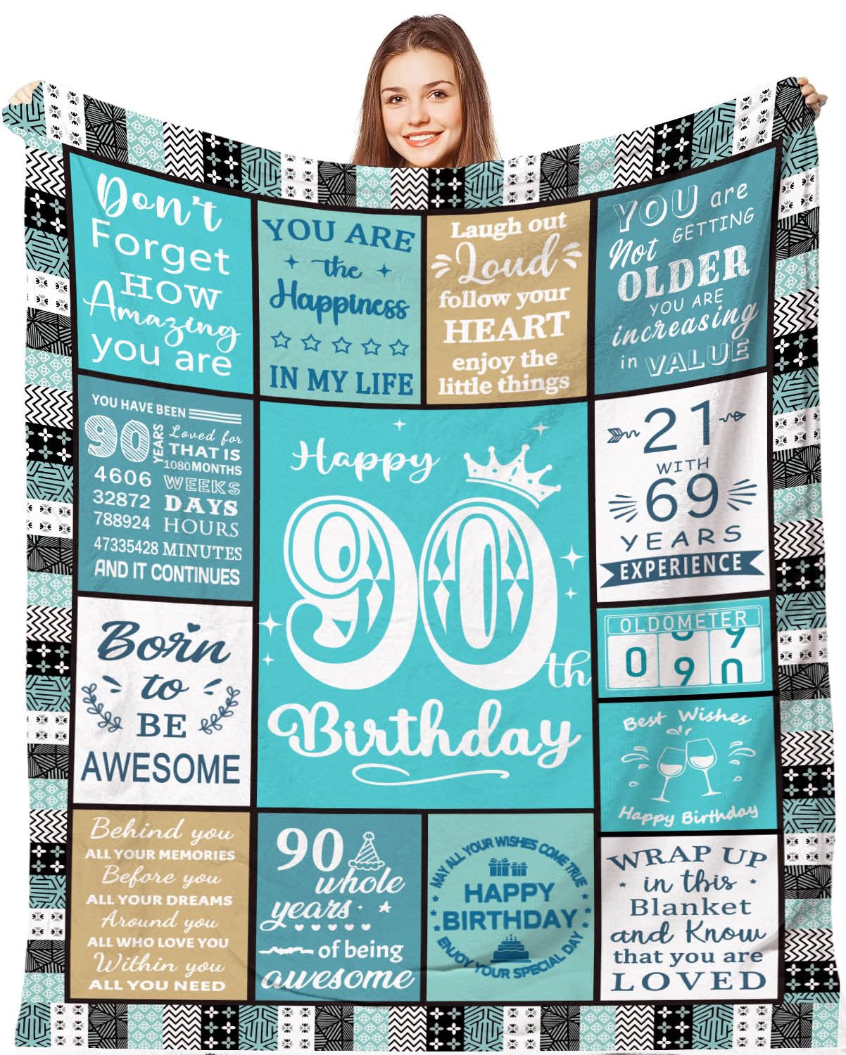 Aeoauter 90th Birthday Gifts for Women Men 150 x 130 cm | Personalised 90 Year Old Birthday Blanket Decorations Gift for Woman Man, Turning 90 Flannel Throw Presents for Her Mum Wife Sister Grandma — image 1