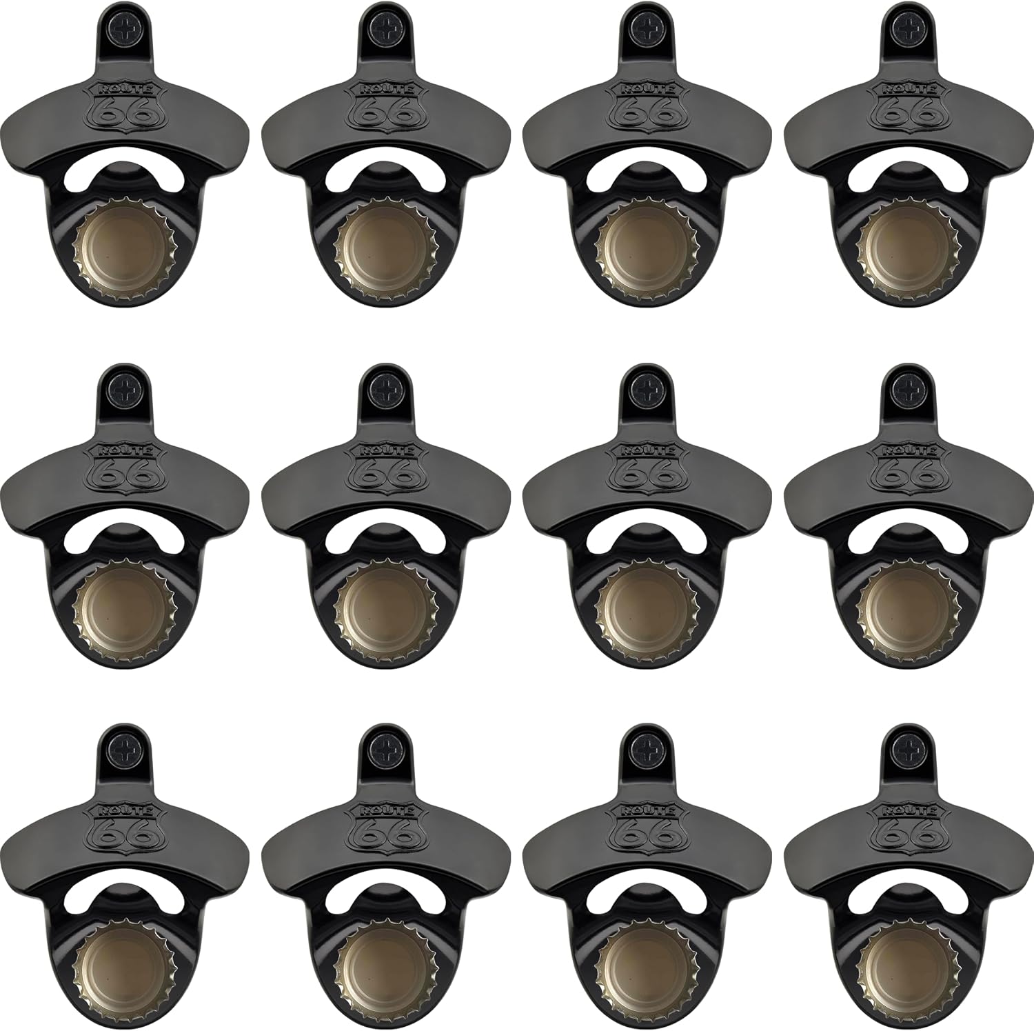 12 PCS Magnetic Bottle Opener Wall Mounted ROUTE 66 Bulk Stainless Black Beer Cap Opener with Magnets Emedded to Grab Bottle Top for Wooden DIY Carrier Table Fridge