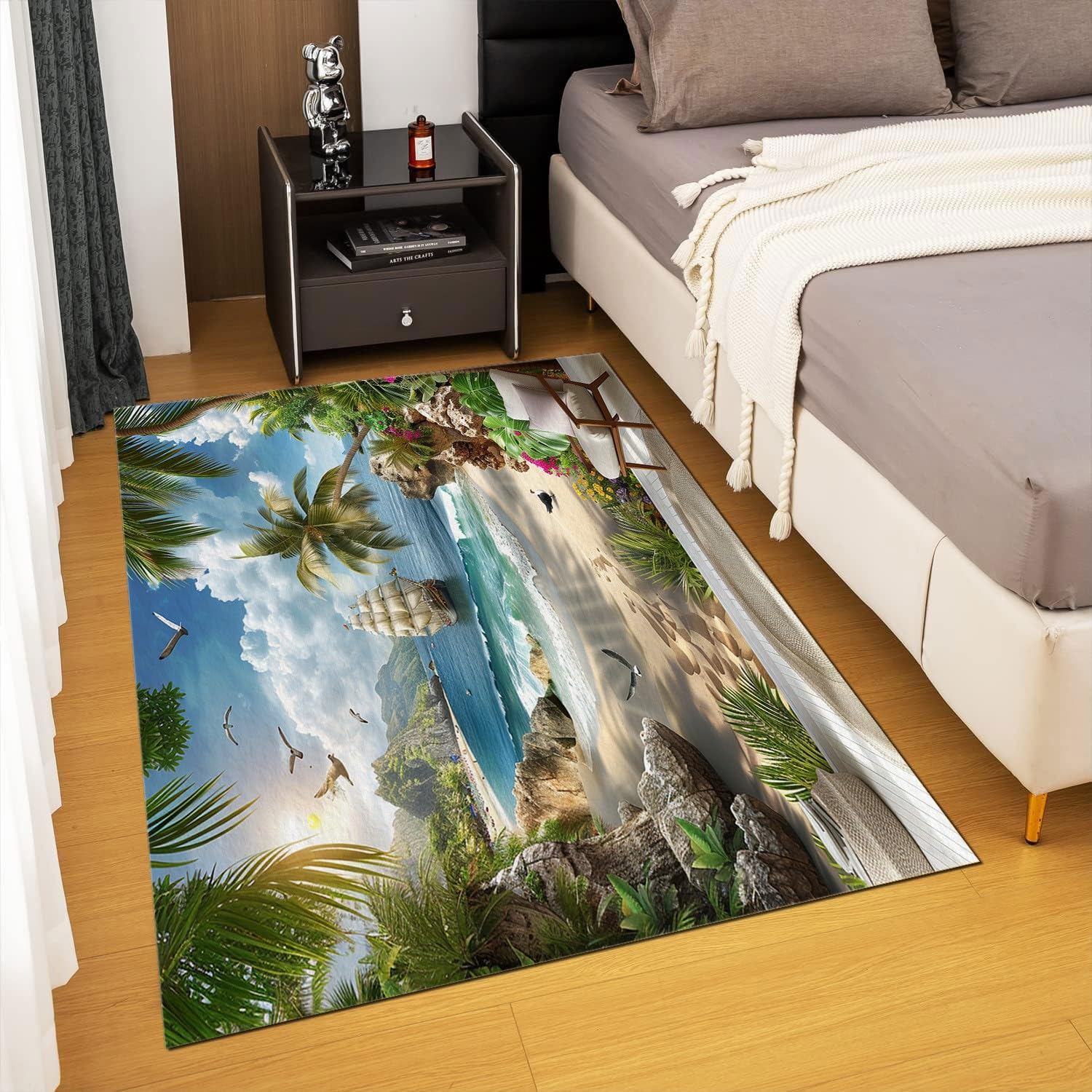 Kokosnussbaum Segelboot Meereslandschaft Waschbarer Teppich, Weich Kurzflor Teppich mit Rutschfester Unterseite, Pflegeleicht und Strapazierfähig 180x240 cm für Wohnzimmer Schlafzimmer Kinderzimmer