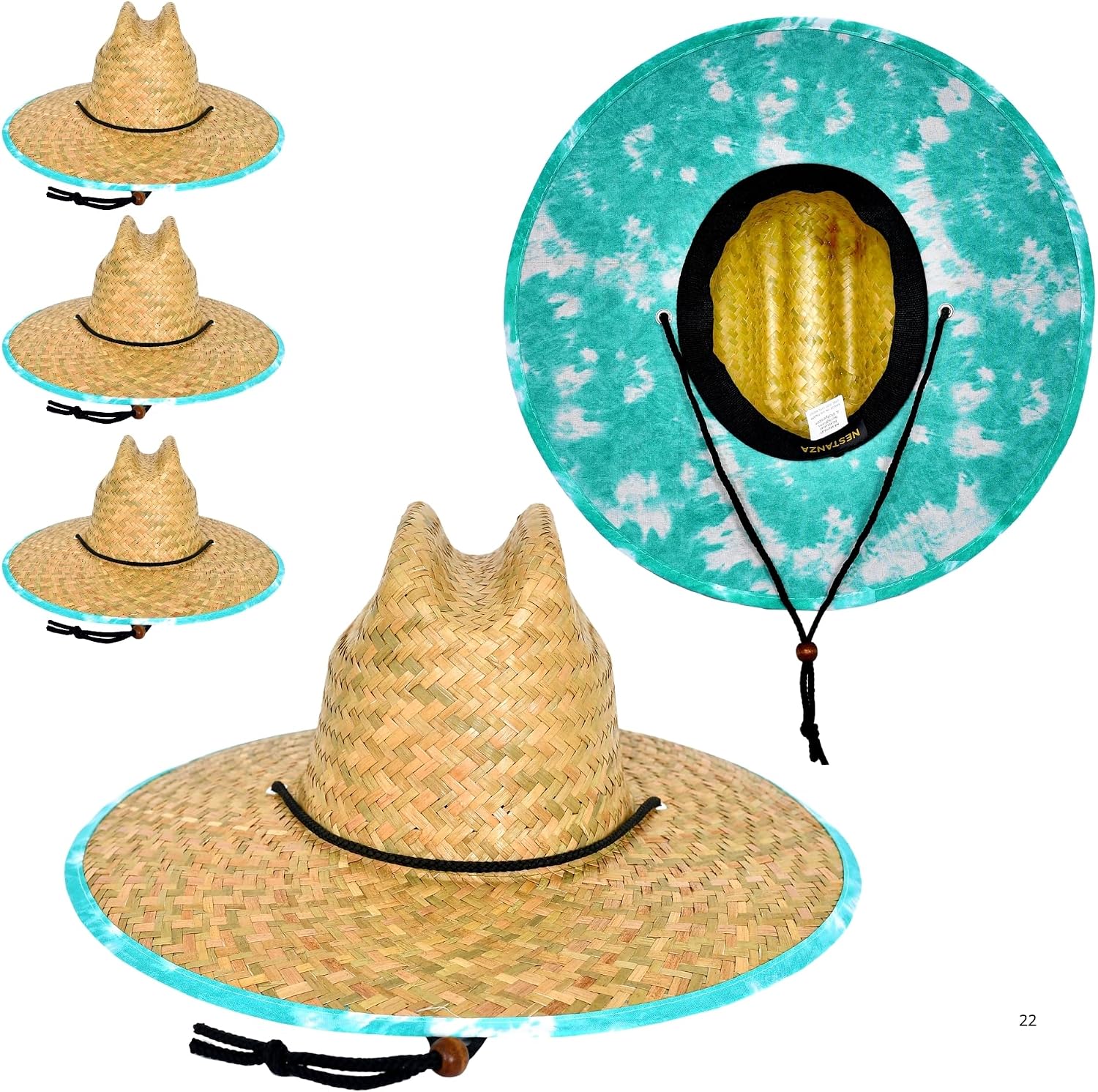 3 Pack Straw Hats for Men, Lifeguard Straw Hat, Wide Brim Sun Hat for Men, Natural Straw, Adjustable Chin Strap