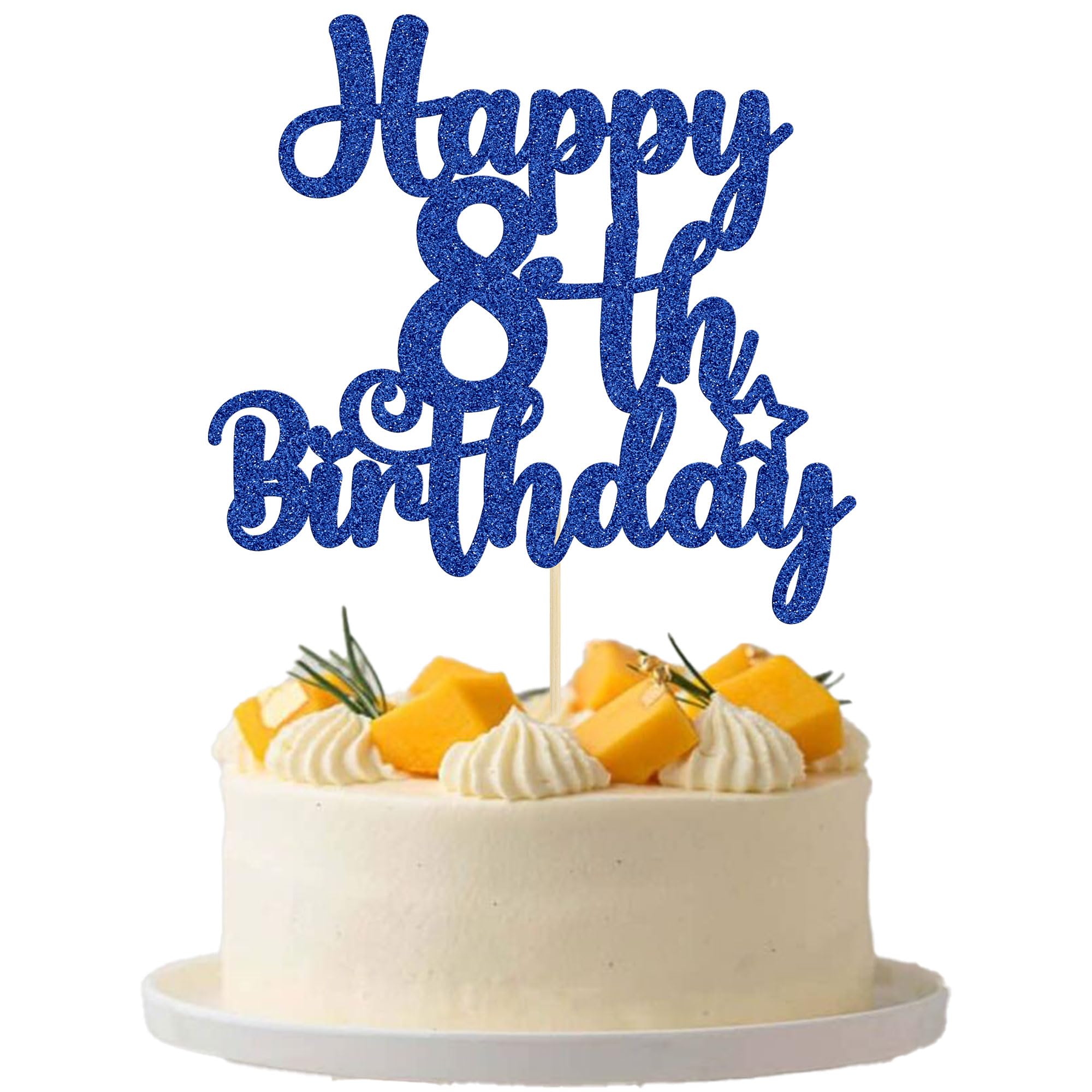 Gyufise 1Pc Happy 8th Birthday Cake Topper Glitter 8 & Fabulous Cheers to 8 Years Old Birthday Cake Pick for Celebrating 8th Birthday Anniversary Party Cake Decorations Supplies Blue