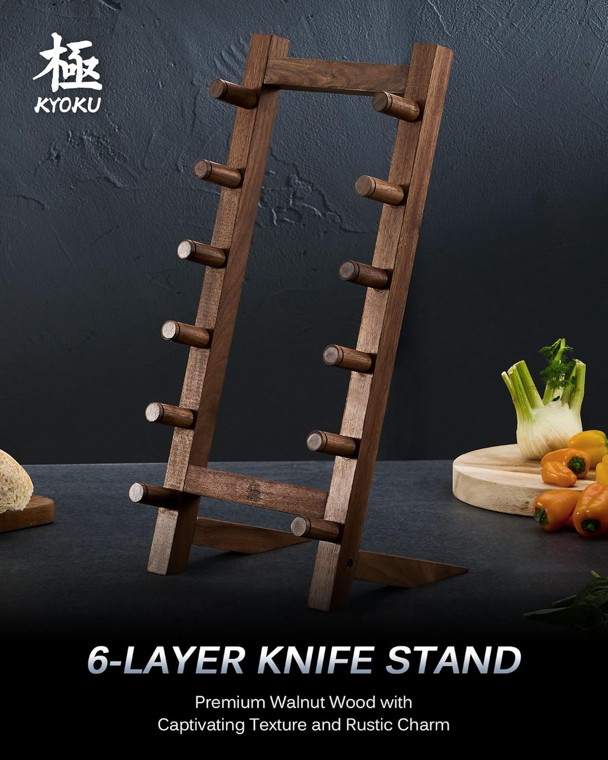 KYOKU Wooden Knife Stand, 6 Layer Natural Wood Knife Display Stand, Japanese Style Kitchen Knife Holder with Wide Support Legs, Knife Block Countertop Tabletop Organizer for Home Restaurant Kitchen