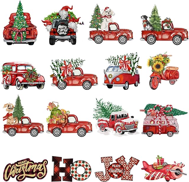 LAWOHO 16 Pieces of Christmas Ornaments Red Truck Retro Christmas Tree Gift Box Country Farmhouse Hanging Crafts Wooden Crafts with Red String