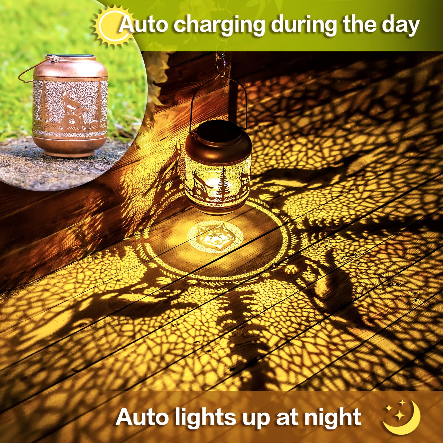 Lanterne solari a forma di lupo per esterni, impermeabili, da appendere, regalo per donne/uomini/amanti dei lupi, in metallo, decorative, a LED, per decorazione da giardino, patio, prato, sentiero,