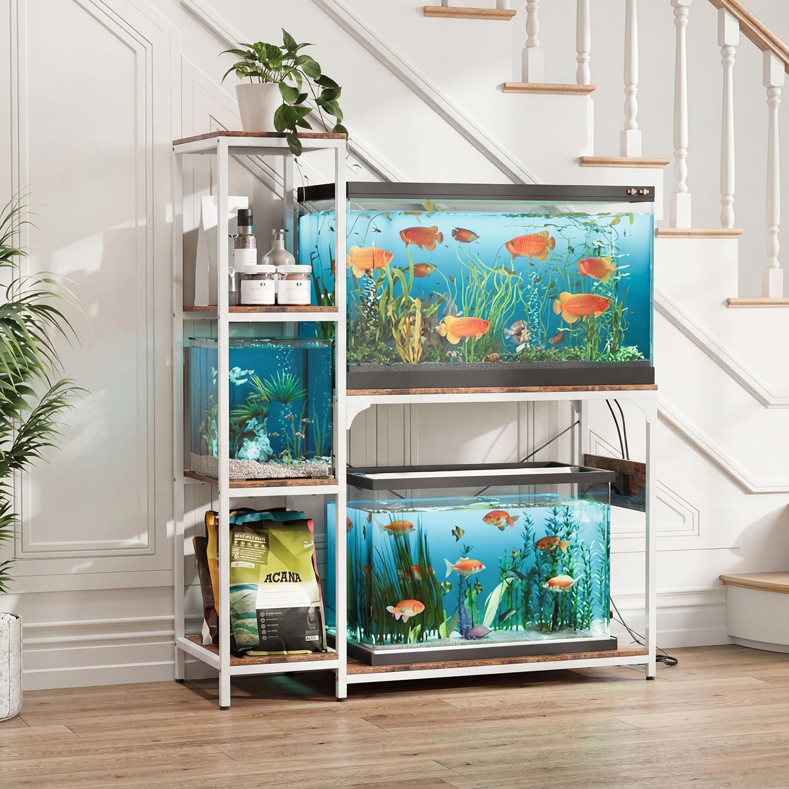 VOWNER Support d'aquarium de 78 à 75 litres avec prise de courant, support d'aquarium en bois avec étagères pour rangement d'accessoires d'aquarium, cadre en métal robuste, support de terrarium pour