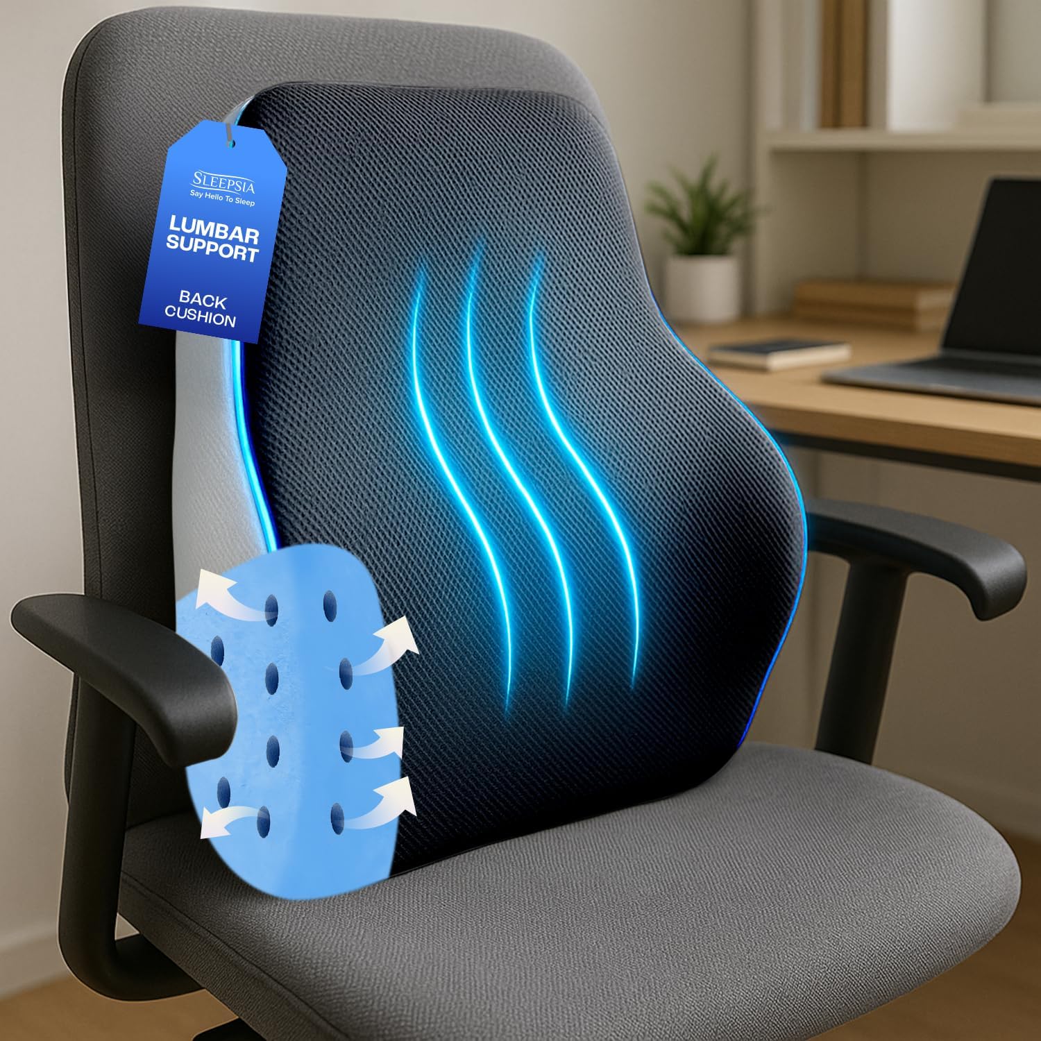 Sleepsia Back Support for Office Chair with 1 Year Warranty Lumbar Support Pillow for Office Chair, Back Pain, Car Seat, Memory Foam (Black/Grey Lumbar Back Support (Gel Ventilated))