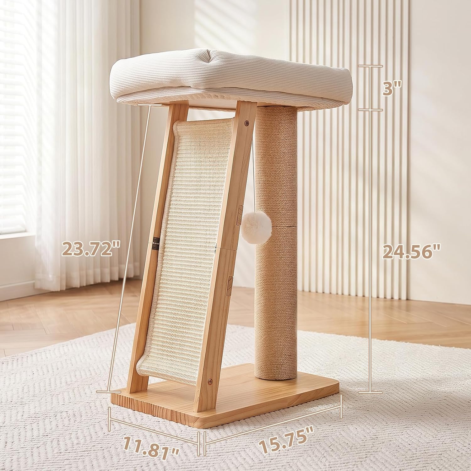 27.5" 3-in-1 Natural Pine Wood Cat Scratching Post for Small Medium Cats | Elevated viewing perch, Vertical scratch surface, Hanging bell interactive toy, Solid pine stable frame