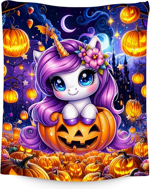 Halloween Blanket, Unicorn Blanket for Girls, Gifts for Kids, Cute Flannel Throw for Teens, 50"x60"