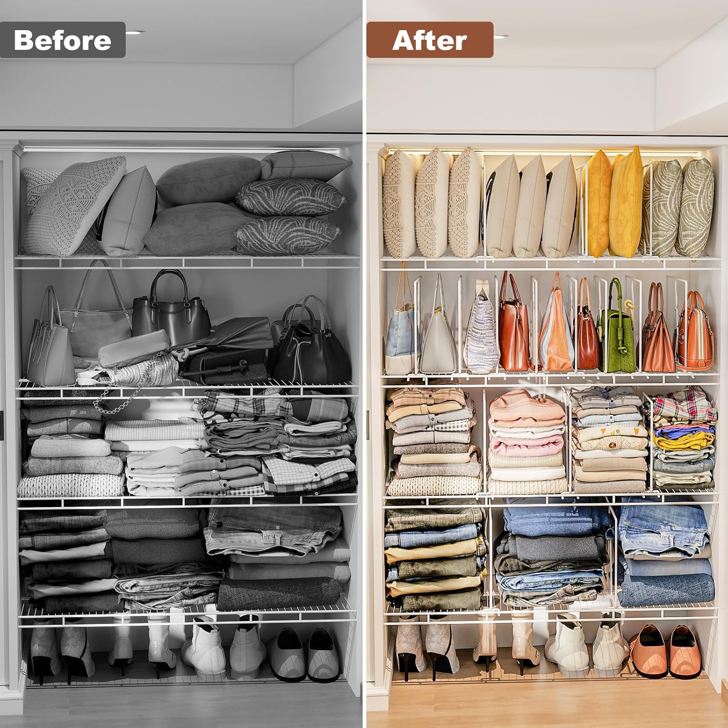 Wire Shelf Dividers for Closet: Tall 12 Pack 12-Inch Deep Adjustable Organizer for Shelves,Metal Rack Separator for Clothes, Purses & Bags，No Tool
