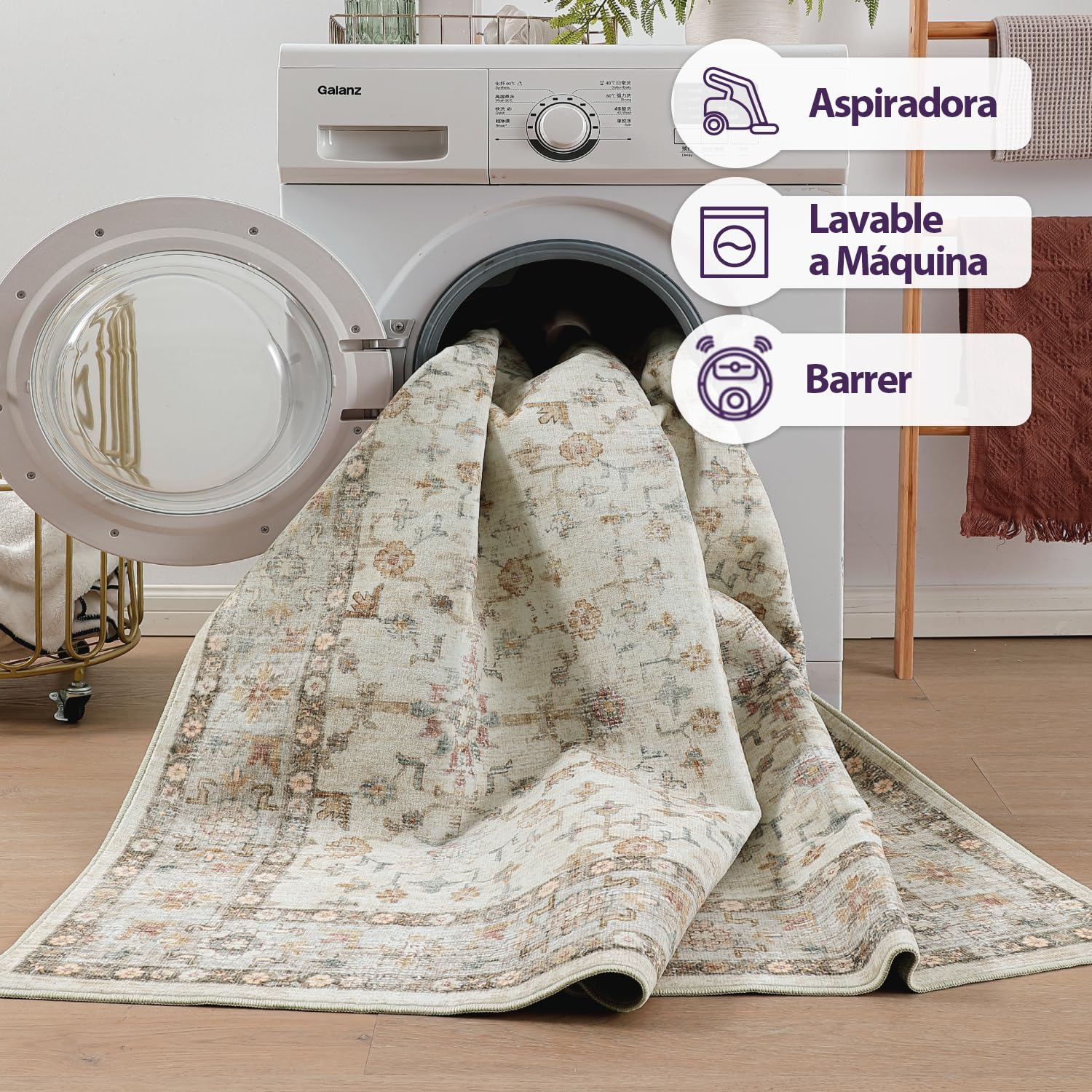 DEXI Alfombra Salon 152 x 244 cm, Alfombras Dormitorio Pelo Corto Lavable, Suave y Cómoda, Diseño Floral Tapetes Decorativas para Sala de Estar, Habitación, Comedor, Beige