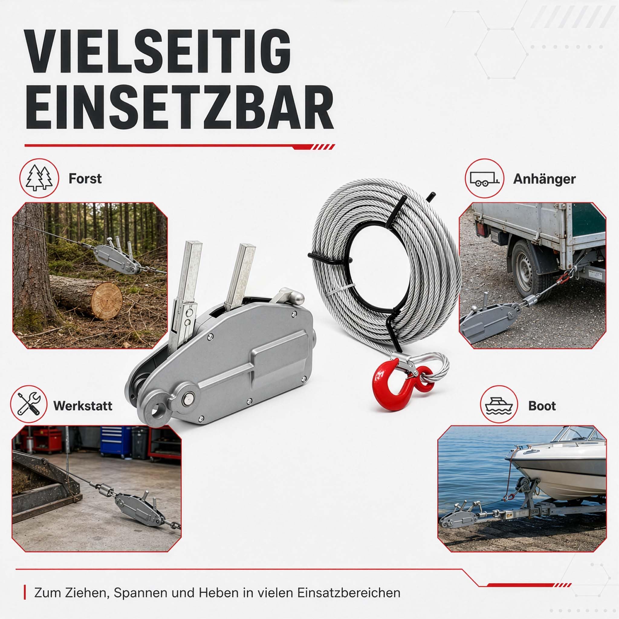 Wiltec Seilzug bis 800 kg Seilwinde mit 20 m Seil, Handseilwinde mit Ø 8,3 mm Stahl-Seil, Forstseilwinde mit Abscherstift, Handseilzug mit Lasthaken