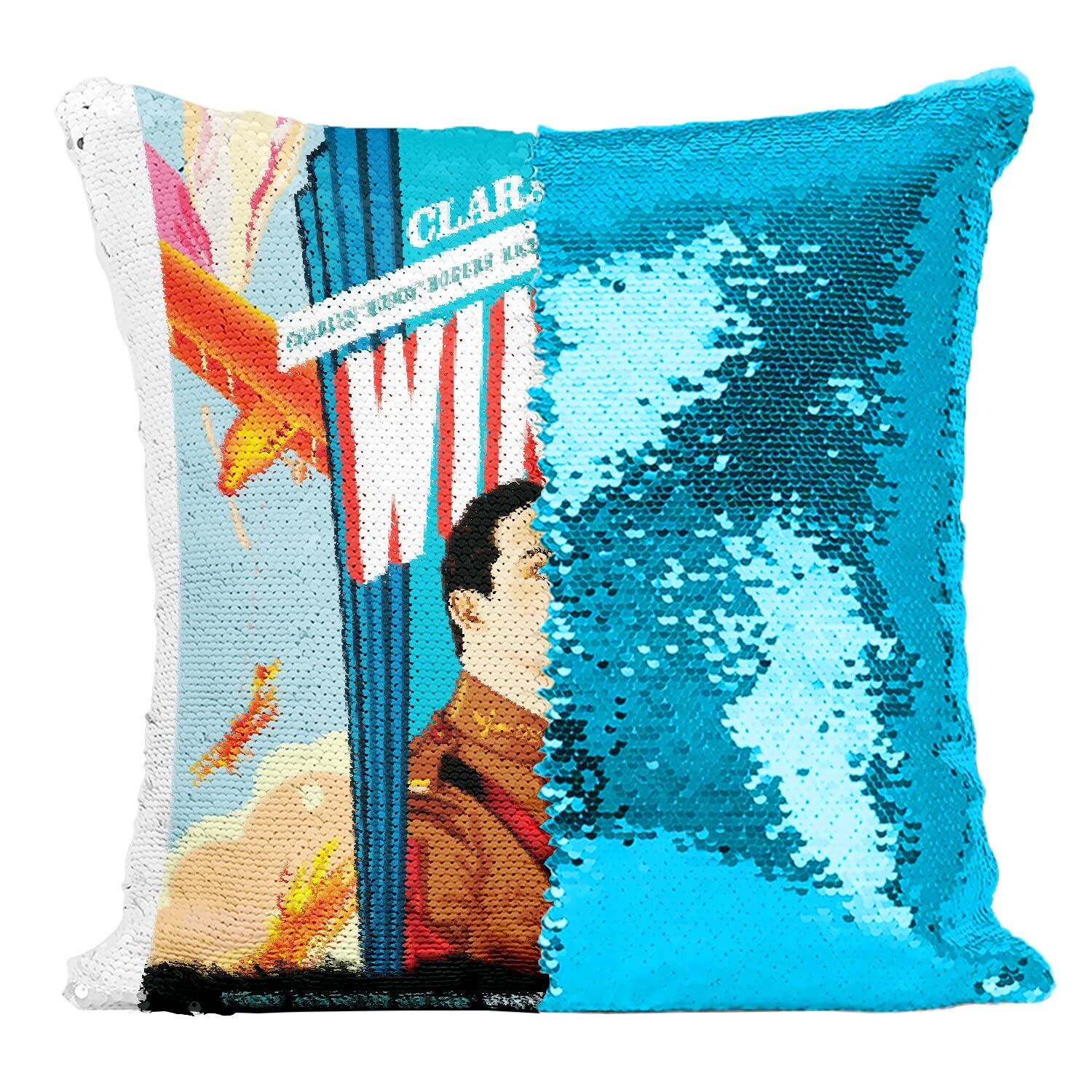 Coussin sequin turquoise avec motif d'affiche de film rétro vintage