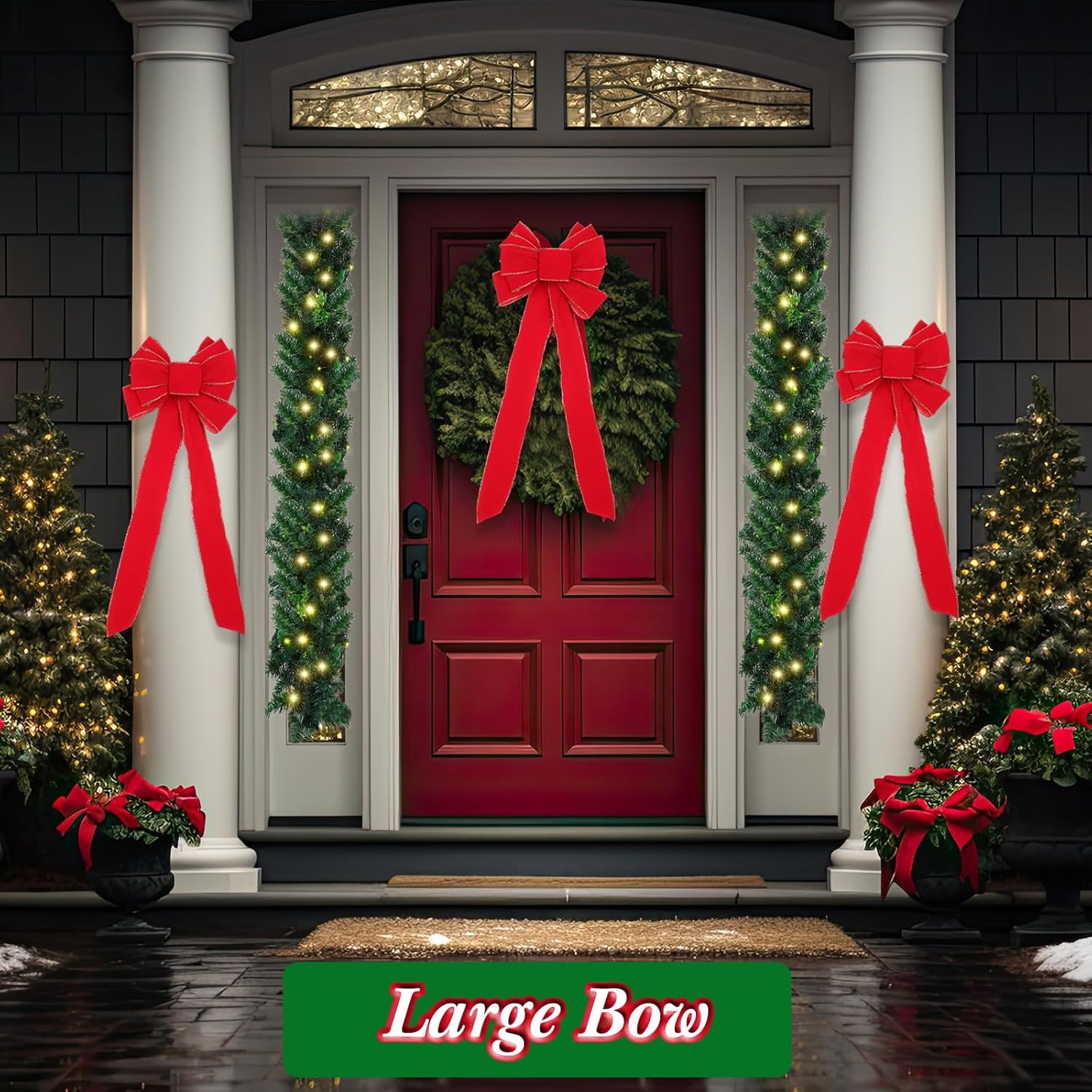 6 Pcs Set 9 Feet Prelit Christmas Garland with Lights and 5 Giant Red Christmas Bows 50 LEDs Battery Operated Garland for Fireplace Mantle Stairs Railing Front Door Decor(Classic Style)
