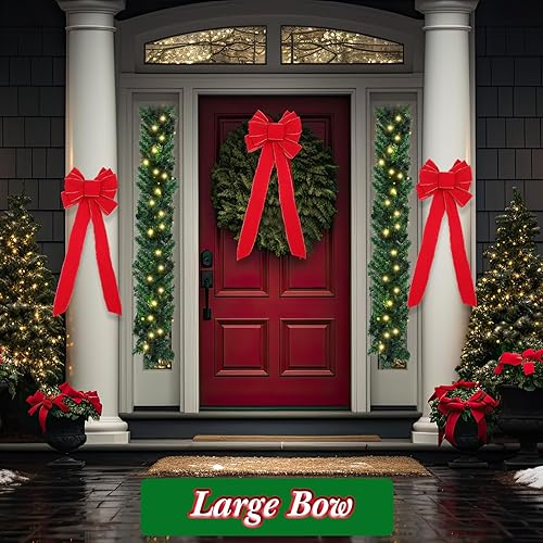 Miniatura 5 de Juego de 6 guirnaldas de Navidad preiluminadas de 9 pies con luces y 5 lazos de Navidad rojos gigantes, 50 luces LED, guirnalda a pilas para