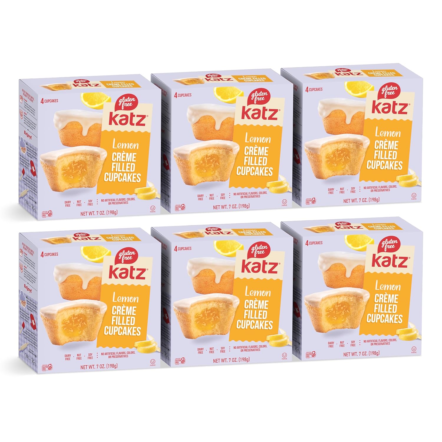 Katz Gluten Free Lemon Creme Filled Cupcakes. Free of Dairy, Peanuts, Tree Nuts, and Sesame. Kosher Snack, 7oz (6Pk)
