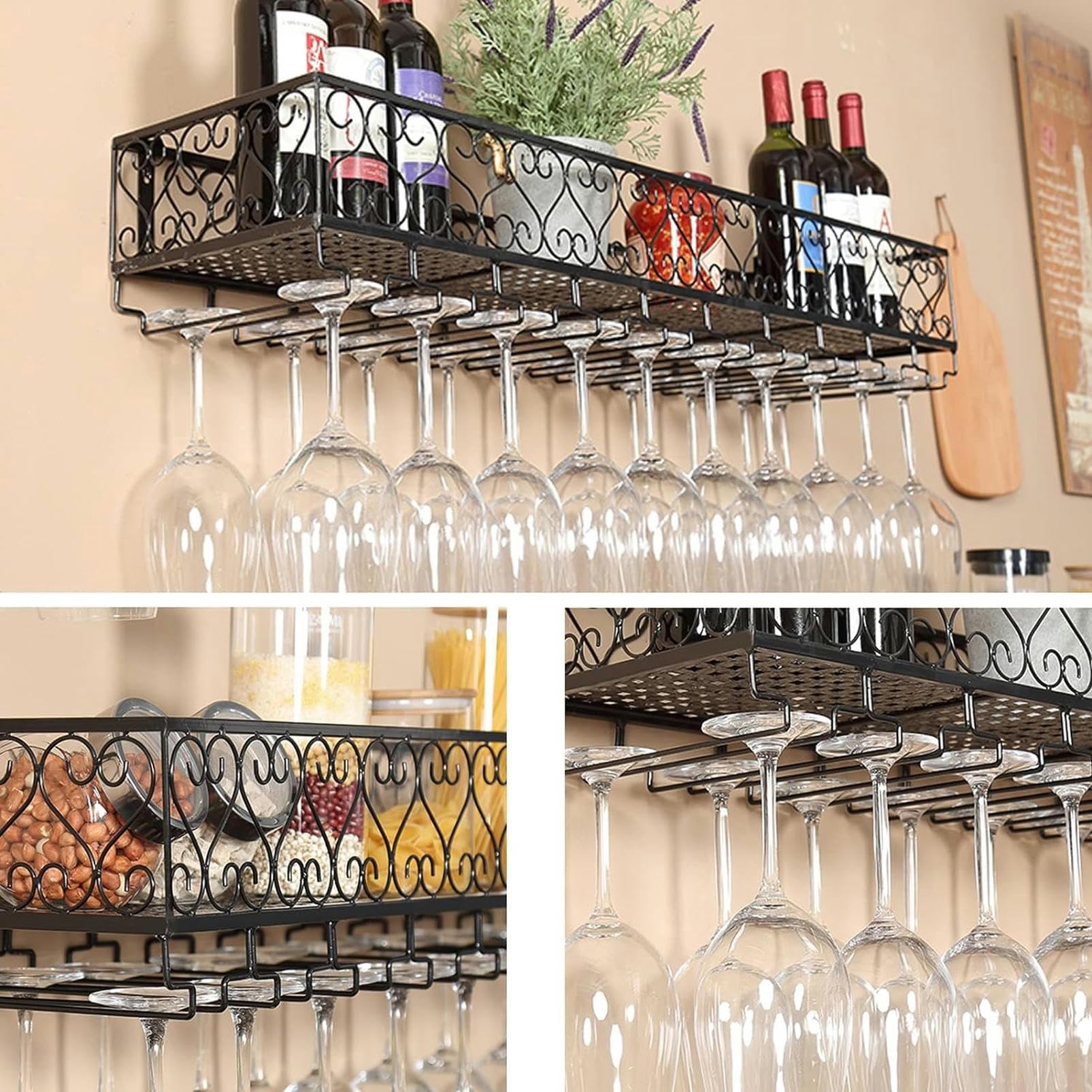 Casier à vin Mural pour Bouteilles de vin et Verres, étagère à vin Flottante, Support pour Verres à Pied, Petit casier à vin pour Bar, Cave à vin, Cuisine, métal Noir Lucky Star