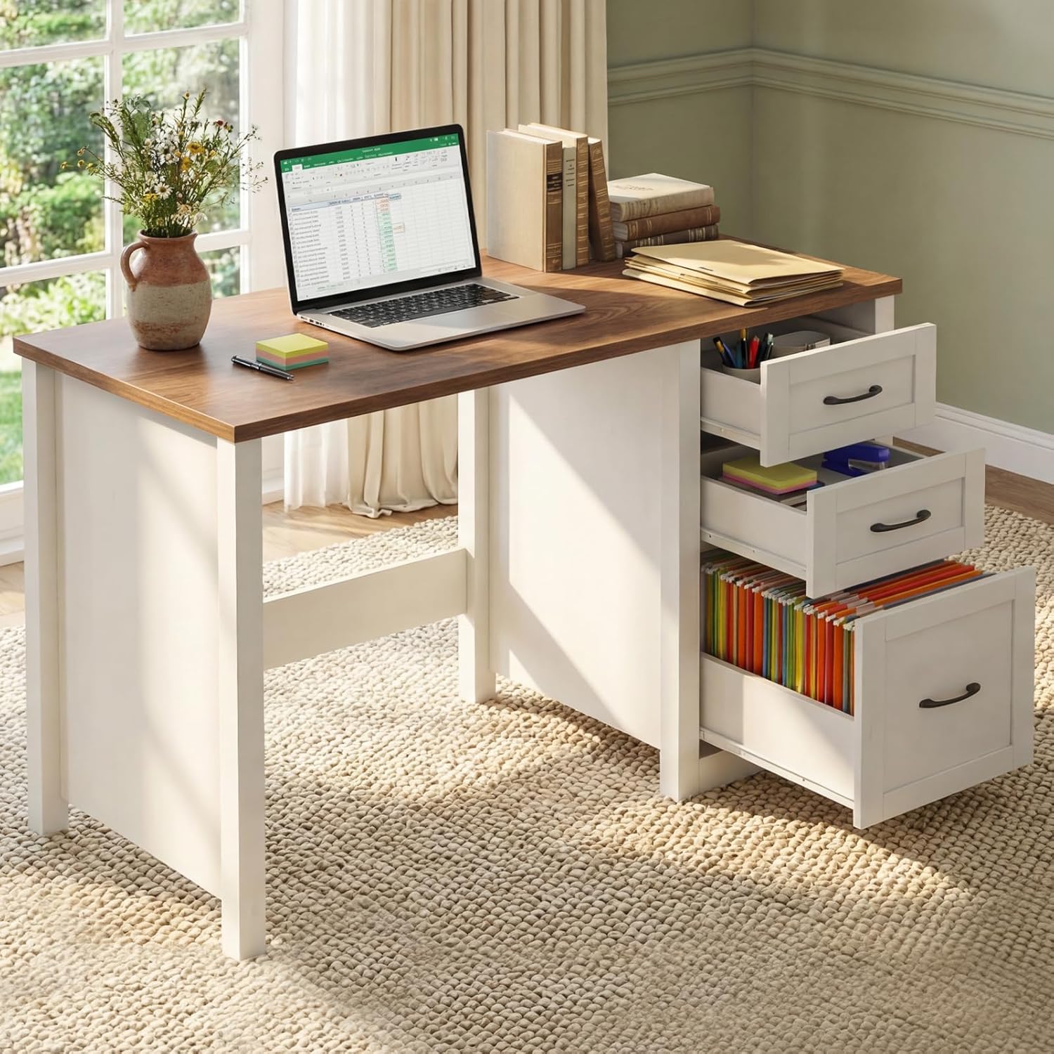 Vabches Farmhouse 47” Executive Desk with File Drawer, Mutual Installation Rustic Computer Desk with 2 Storage Drawers,Office Home Workstation for Study Work Writing, Unique White