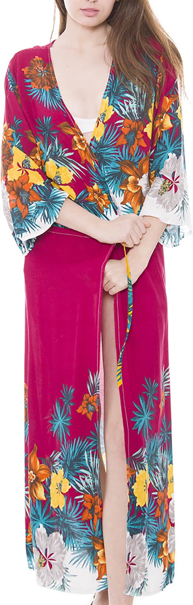 MIRMARU Women's Summer Long Floral Kimono Beach Swimsuit Cover up Gown Cardigan Top