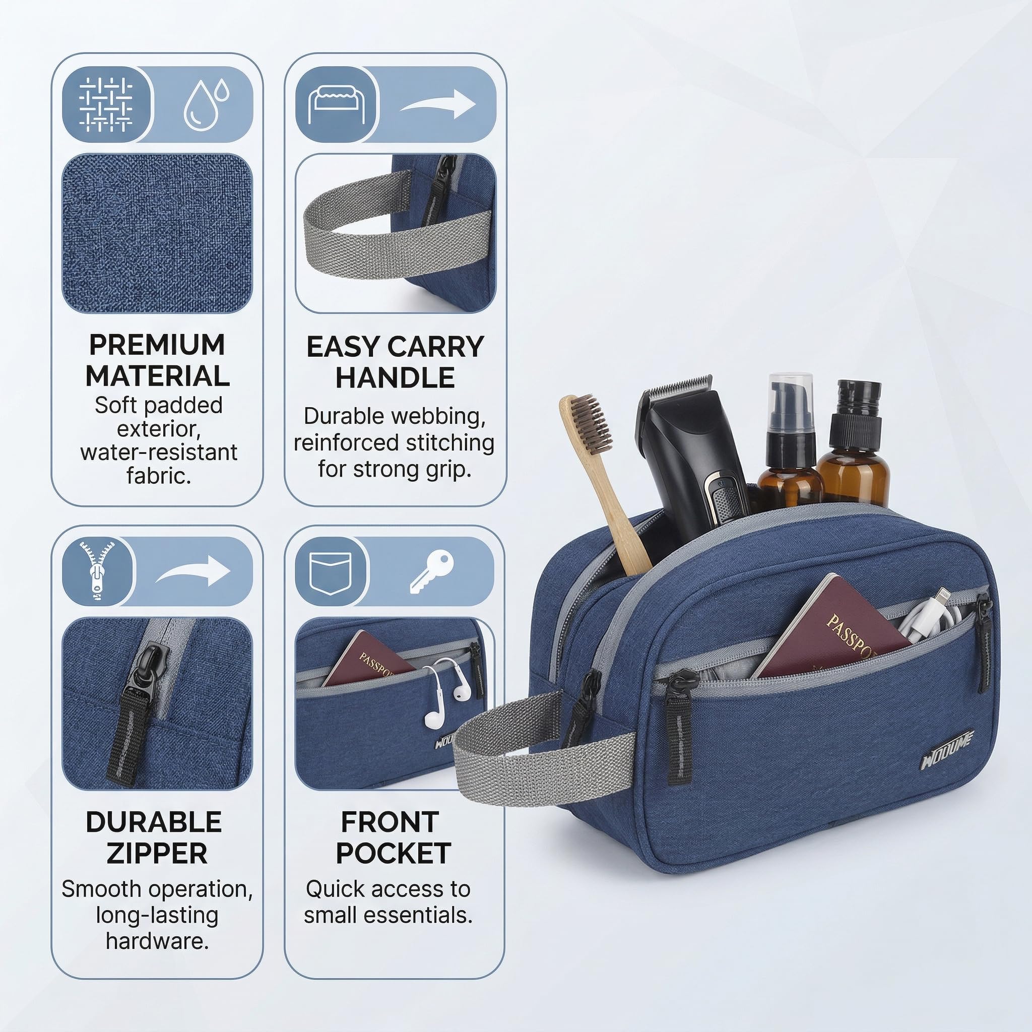 Wooum Travel Toiletry Pouch for Men 1 Year Warranty Shaving Kit Bag Travel Pouch Organizer Medicine Bag Toilet Kit for Travel Small Travel Pouch Bag for Men & Women (Navy Blue) 2