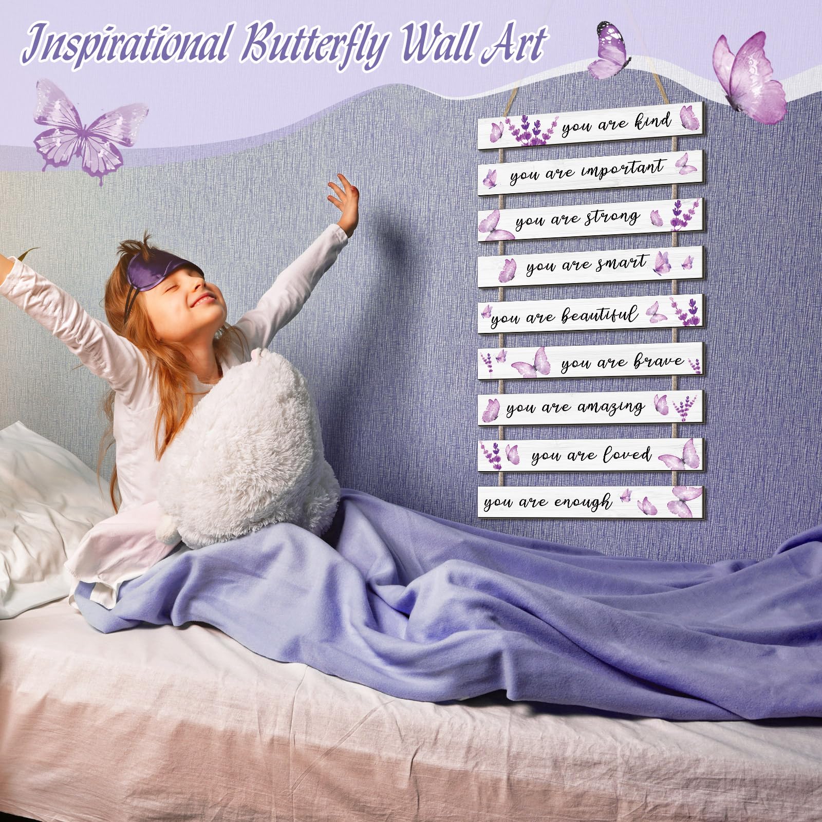 9 piezas de mariposa morada inspiradora decoración de pared de mariposa arte de pared para niñas, decoración de dormitorio de niñas, letreros de arte colgantes de madera morada, regalos de 4