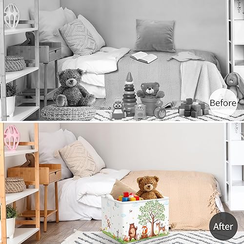 Miniatura 5 de TREWAVE Cesta de almacenamiento para bebé, diseño de animales del bosque, cesta de regalo con asas, rectangular, plegable, para ropa, toalla,