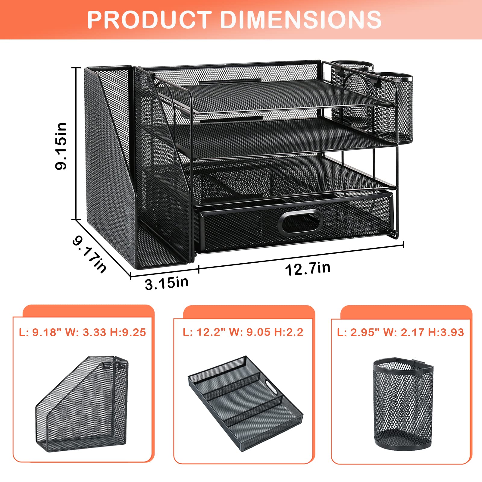 Schreibtisch Organizer mit Aktenhalter, 4 Ebenen Papier Briefablage mit Schublade und 2 Stifthalter, Netz Schreibtisch Ablagefächer Organiser mit Zeitschriftenhalter für Bürobedarf Dokumentenablage